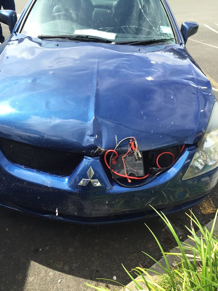 Police shook their heads at the shattered windscreen and a cotton bud holding up the number plate. Photo / Facebook/Cambridge Police